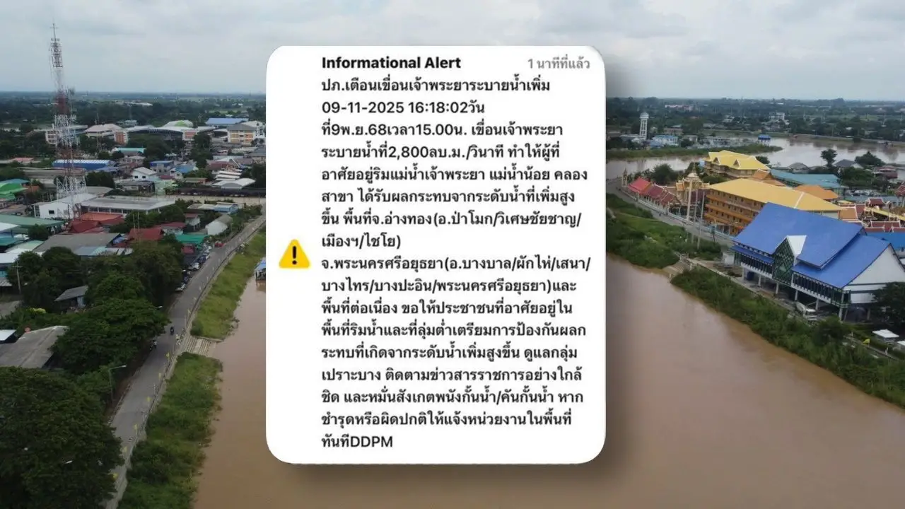 ปภ.ส่ง Cell Broadcast แจ้งเตือนประชาชน 'อ่างทอง-อยุธยา'ระดับน้ำเพิ่มสูงขึ้น.